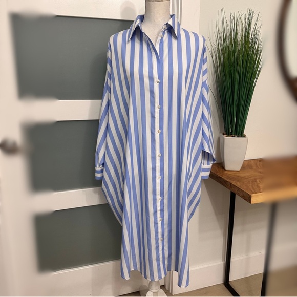 Misook Midi Blue White Oversized Striped Shirtdress SZ S/M Quiet Luxury NWT - Picture 1 of 9